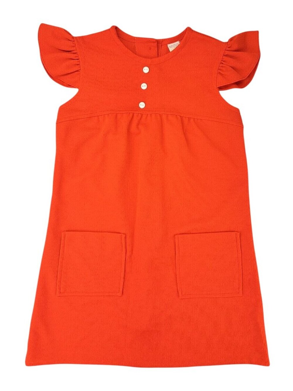 Girls Vintage Orange Dress Polyester Size 8 Flutter Sleeves Button Front Pockets